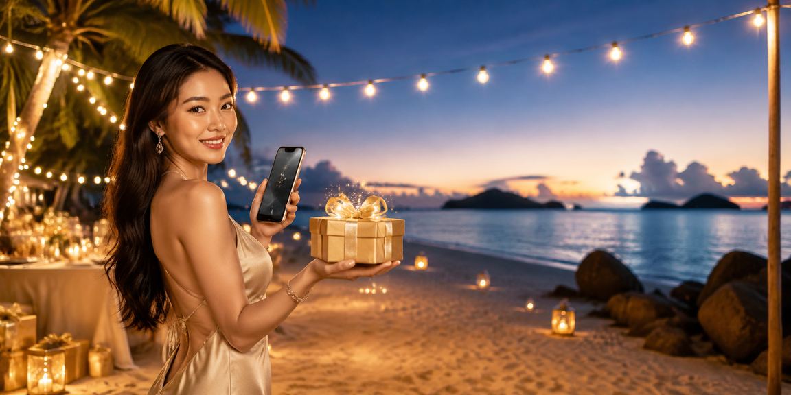 Người dùng thư giãn tại bãi biển Côn Đảo vừa kiểm tra kèo và bonus hoàn trả trên điện thoại